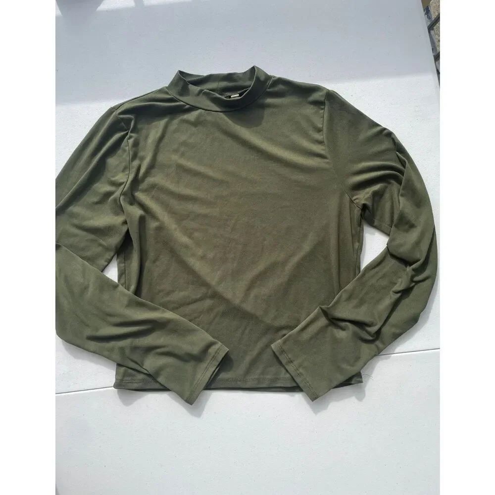Live In The Moment Olive Green Mock Neck Long Sleeve Top Women's L Stretch